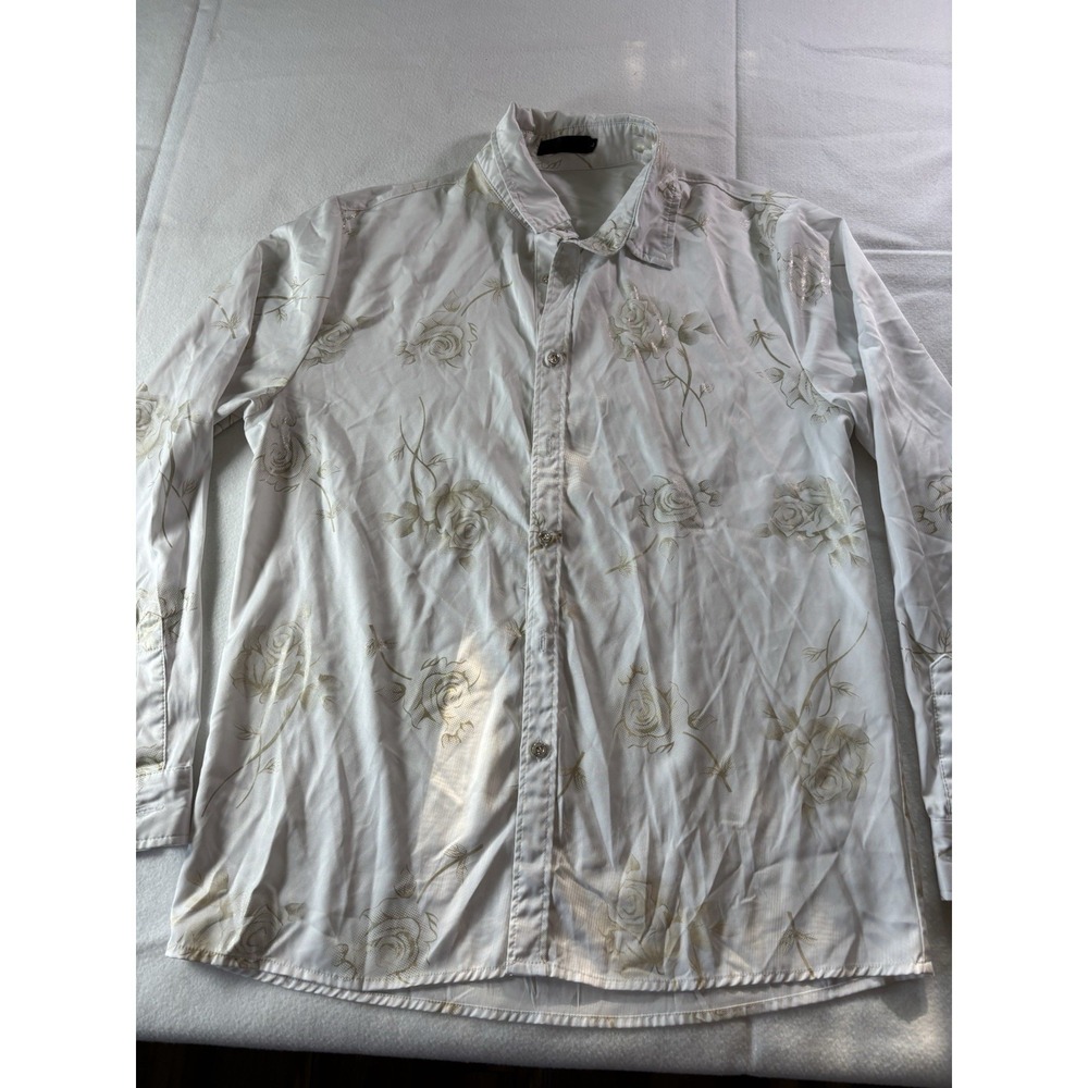 Western White Button Up Shirt With Gold Roses Print Long Sleeve Cowboy Rodeo